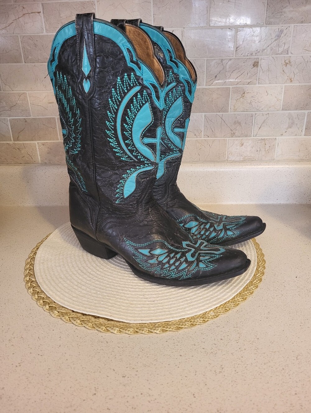 JB DILLON Cowgirl Boots Sz. 11B Black & Turqoise Goat Leather Cross Inlay